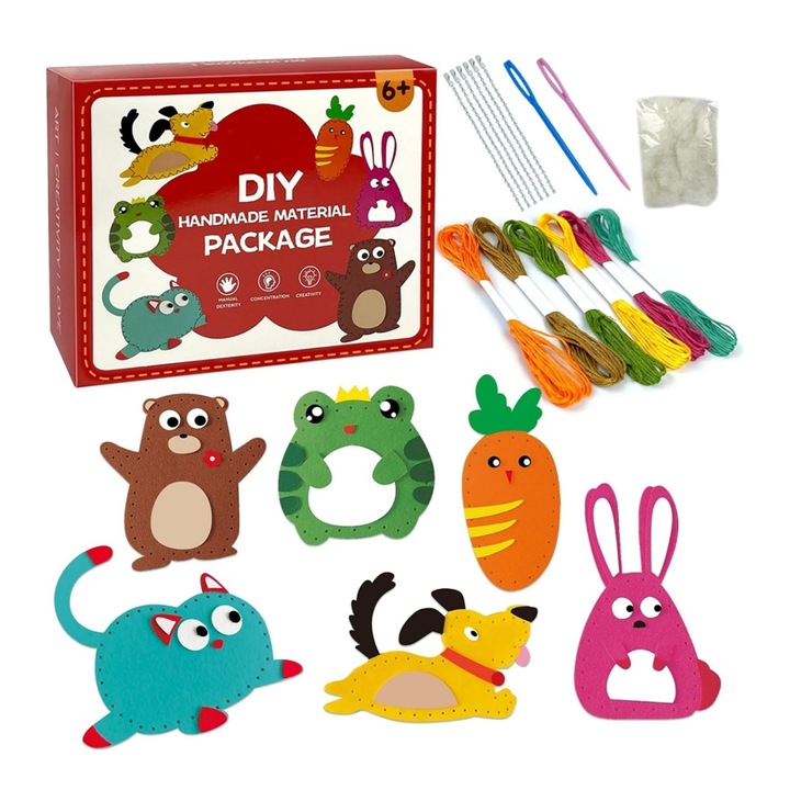 Set kit de cusut papusi, Set de materiale creative, Set de craft manual pentru copii, Kidsbele®, 6 papusi din fetru, Pisicuta, iepuras, catelus si broscuta, 19x15.5x6cm, pentru 6 ani+
