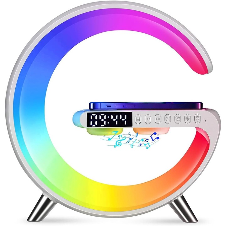 XINLOSHU® RGB vezeték nélküli töltő hangszóró, vezeték nélküli telefontöltő, LED lámpa, színváltó RGB környezeti fény, Bluetooth hangszóró, fehér