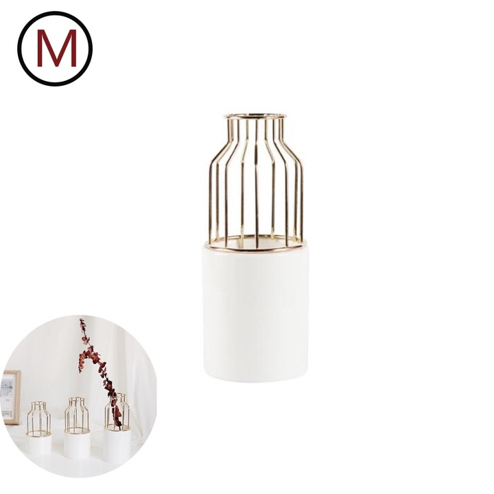 Vaza decorativa din sticla cu suport metalic, AMRINUGL, roz aurie, dimensiuni S/M/L, set 1 vaza cilindrica