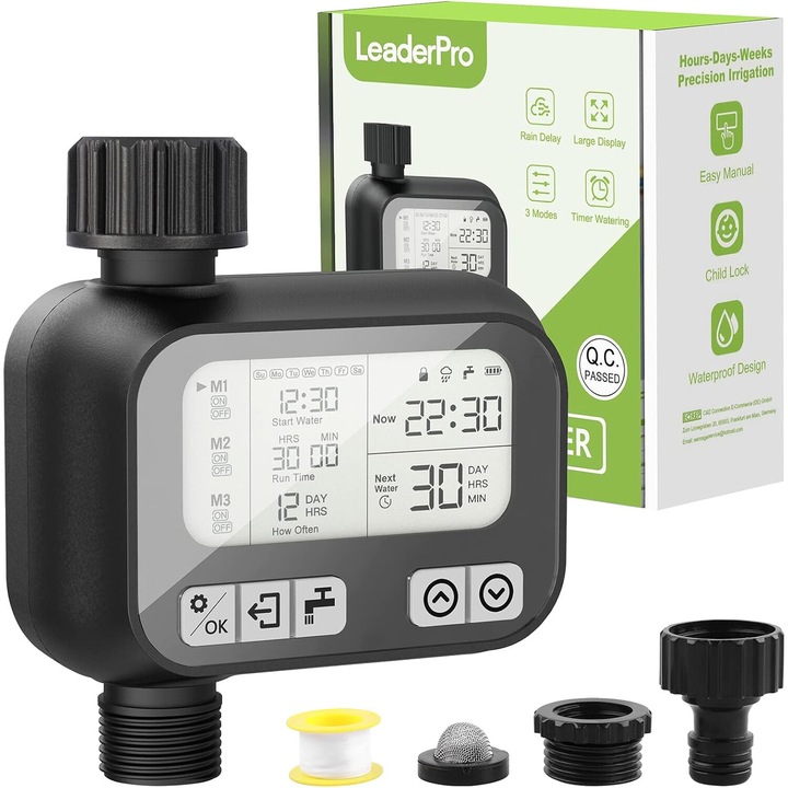 Програматор за поливане Enforose, програмируем таймер, 3 гъвкави програми, LCD екран, водоустойчив, черен