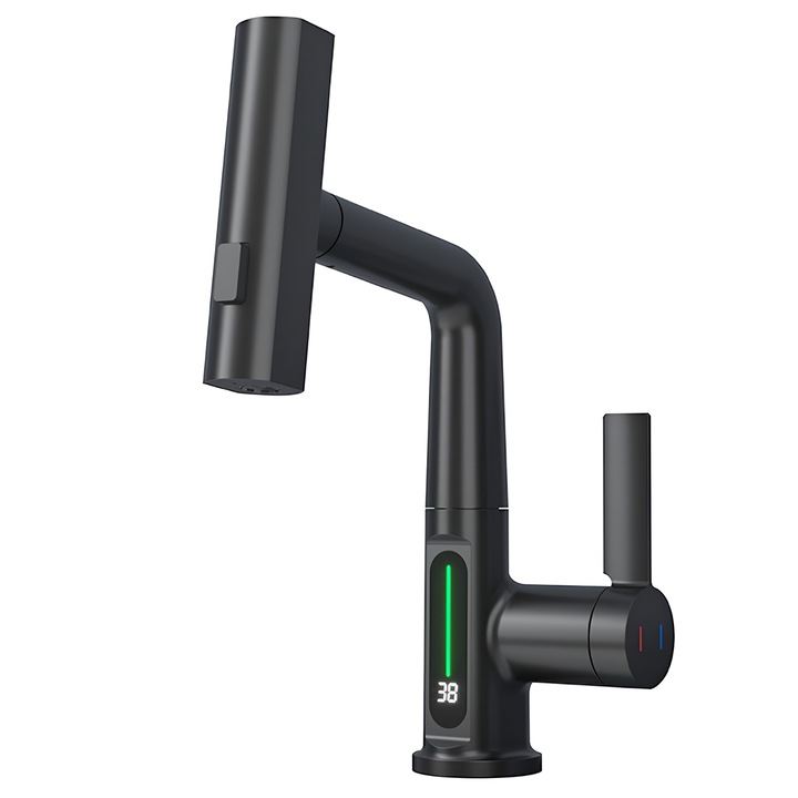 Смесител с уникален дизайн, модел KNF807B, матово черно покритие, LED дисплей за температура, 3 температурни режима, душ таванна система, материал месинг, стенен/горен монтаж, цвят матово черен