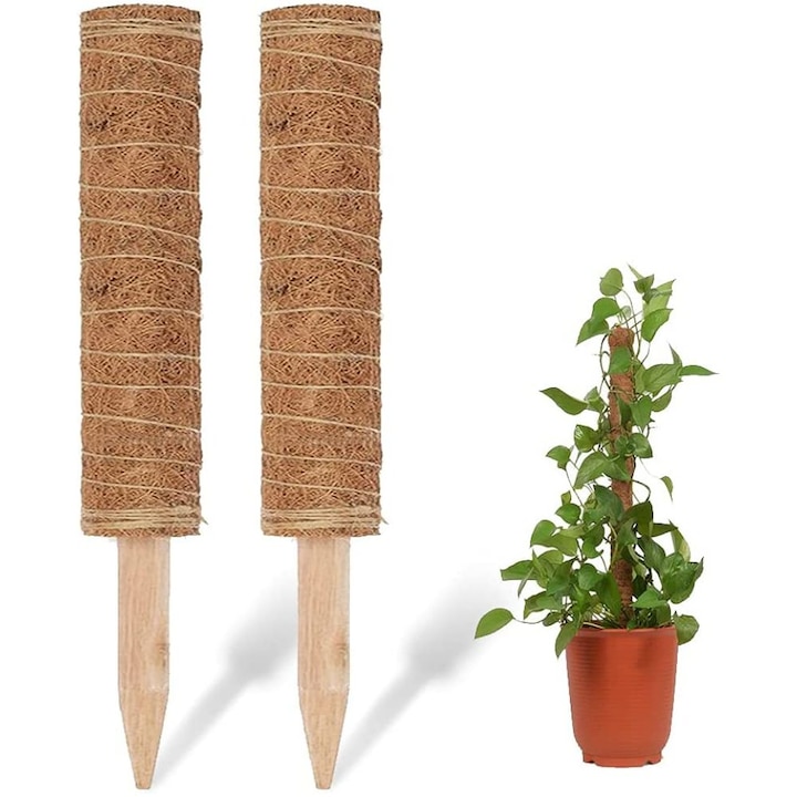 Stalp de muschi pentru plante cu bat din lemn masiv si fibra naturala de nuca de cocos, instalare usoara si design reglabil Totem din nuca de cocos pentru inaltime personalizabila (40 cm)