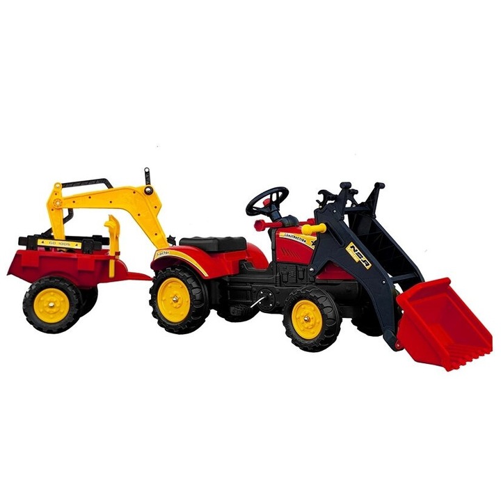 Tractor cu pedale si remorca Lean Toys, rosu, set accesorii nisip, 173x42x50cm