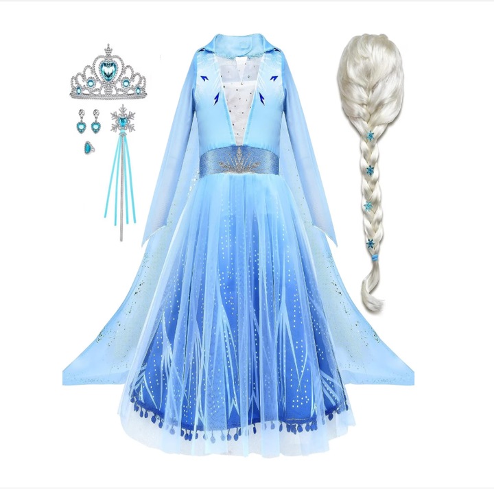 Elsa Frozen 2 ruha gyerekeknek, Szett koronával, parókával és kiegészítőkkel, Hókirálynő, Finom szövet, 2-3 év, 100 cm, ANUTETOUNI, Kék ﻿