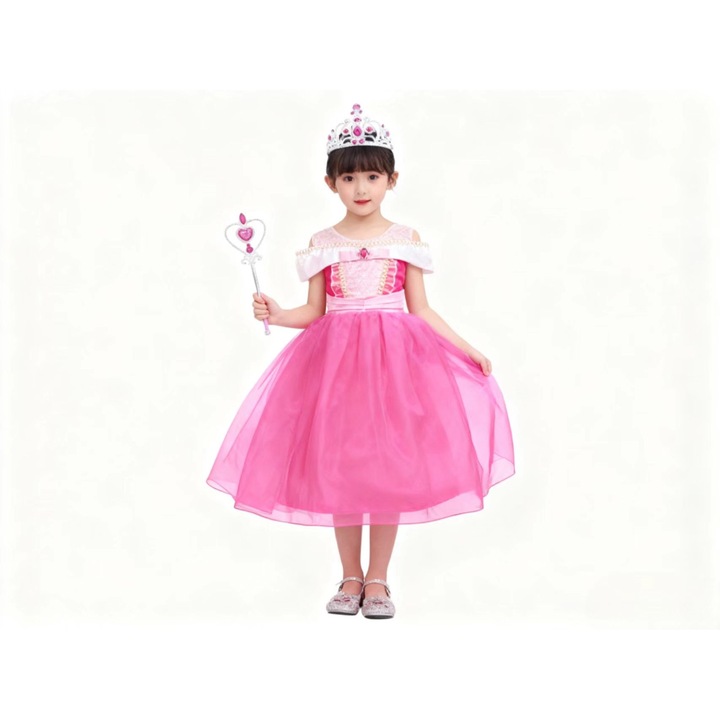 Rochie de printesa Aurora, Cu coroana si sceptru, ANUTETOUNI®, 9-10 ani, 140 cm, Roz