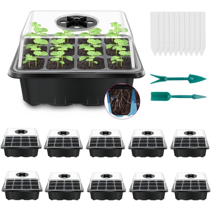 Set 10 tavite pentru seminte, YSBER, 120 celule, Reglaj Umiditate, Plastic Durabil, 18.5x14x5cm, Negru obsidian