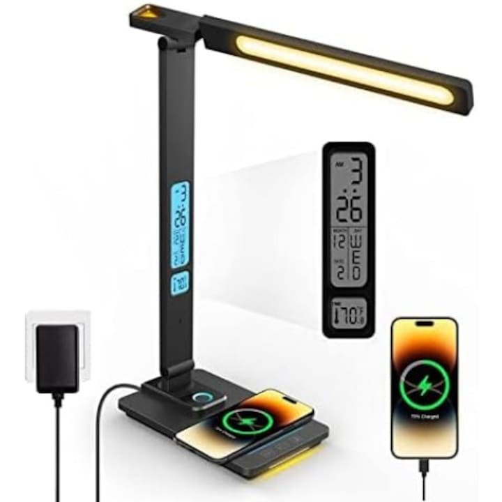 Lampa LED birou, Excitat®, incarcare wireless pentru IOS si Android telefon, 5 moduri lumina si 5 intensitati, 2 lumini de noapte, Afisaj temperatura, Calendar, Control tactil, Negru
