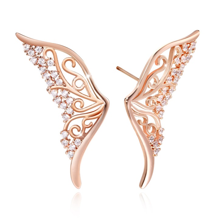 Cercei 925, fluture ajurat, diamante, 38mm, 4g, aur