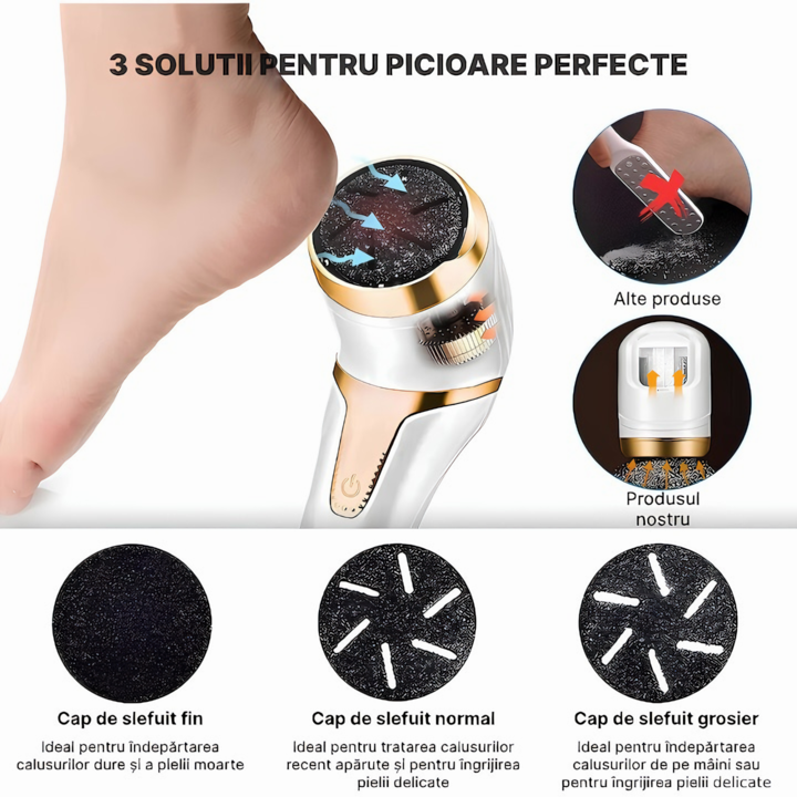 Set Pila electrica pentru talpi si calcaie, VarioShop®, display digital, acumulator 1200 mAh, 2 viteze, 2400 rot/min, 3 capete incluse, lanterna LED, incarcare USB, indepartare piele moarta, indepartare calus, Alb