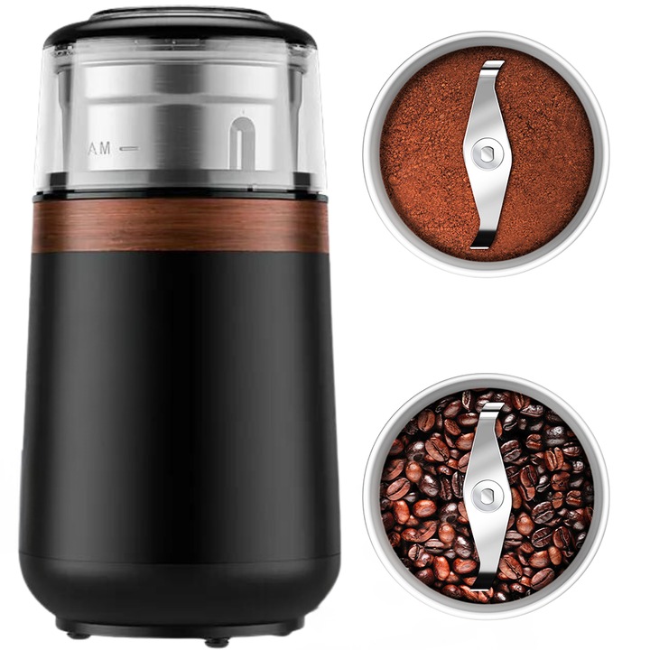 Rasnita cafea Electrica CYUCHELLY®, Bol Detasabil, Capacitate macinare 70-100 g, Sistem Blocare Capac, Protectie supraincalzire, Lame Otel Inoxidabil, 150 W, Versatila, Motor Silentios, Lingurita Dozare cu periuta, Cupru Aramiu