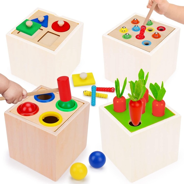 Jucarie educativa din lemn 5 in 1 Kidsbele, jocuri de pescuit, formare, culori multicolore, 17x12.5x12.5cm