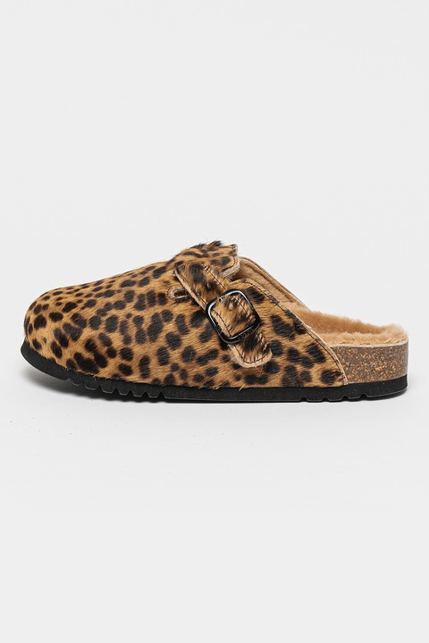 Scholl, Papuci de casa din piele cu par scurt cu model animal print, Maro, 37