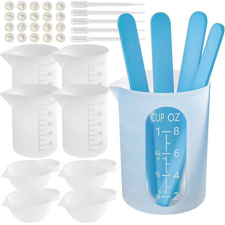 Mérőeszközkészlet OVERTANG gyantához, 250 ml-es és 100 ml-es szilikon poharak, pálcikák, pipetták, gyűszűk, többszínű