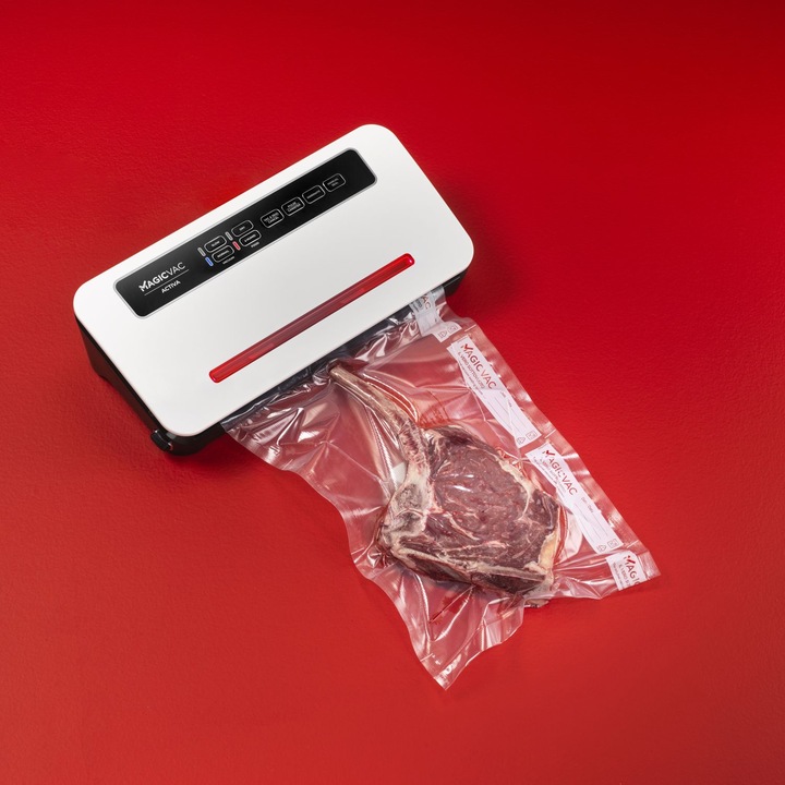 Aparat de vidat Magic Vac, ACTIVA, functie complet automata, bara lipire 30 cm, 12 litri/min, 2 setari de sigilare, functie Pulse, furtun pentru accesorii, cutter, rola si set de pungi incluse, compact, silentios, alb