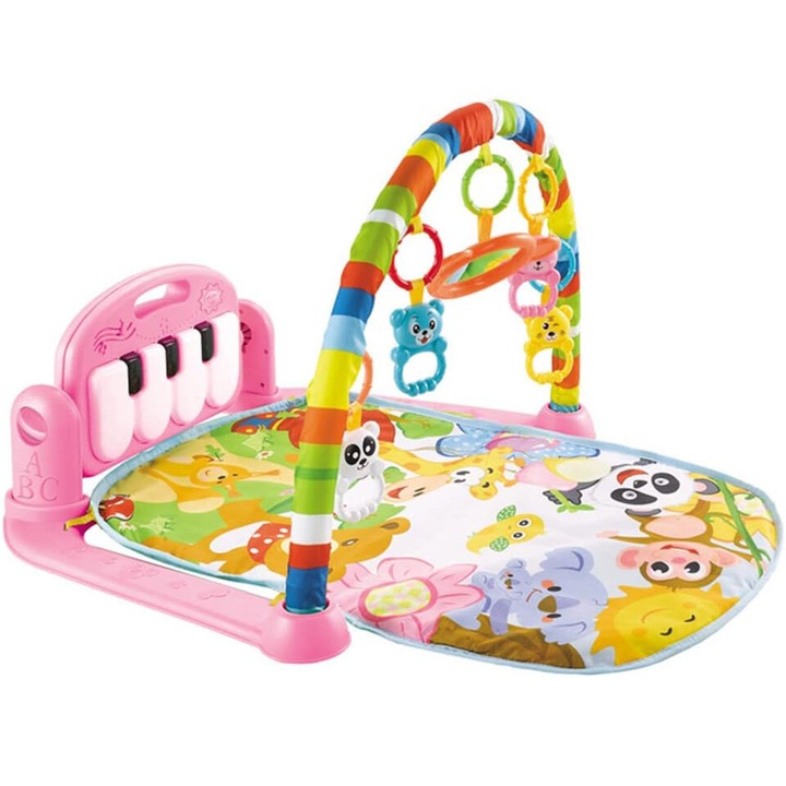 Centru de activitati cu pian 5 in 1 pentru dezvoltarea musculaturii picioarelor, sunete, jucarii zornaitoare "SOLTOY® Piano Fitness Animals", Roz