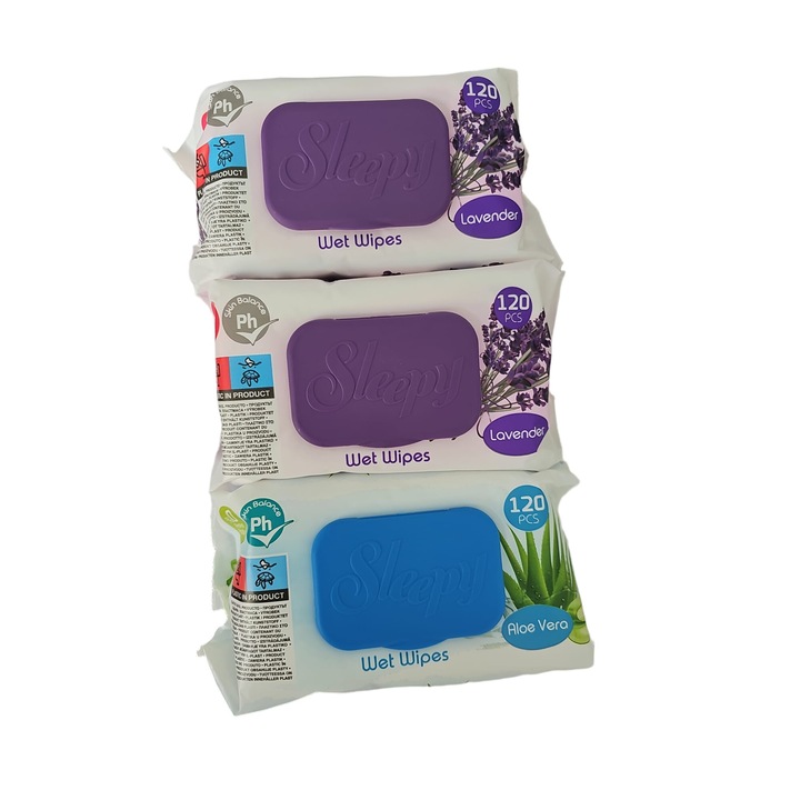 Set 2+1 Servetele Umede Sleppy Lavanda + Aloe Vera, fara alcool, 3 x 120, 360 buc