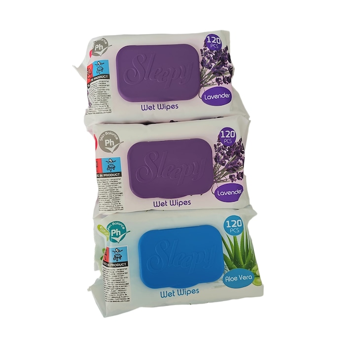 Set 2+1 Servetele Umede Sleppy Lavanda + Aloe Vera, fara alcool, 3 x 120, 360 buc