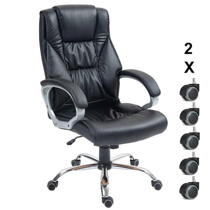 Ергономичен офис стол KD Home® ExecutiveElite A54, метална основа, гумени колела, 2 комплекта колела в комплекта, регулируема височина, механизъм за накланяне, 60 x 75 x 120 cm, черен