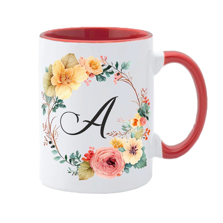 Cana personalizata cu initiala numelui, alba cu interior si maner rosu, 350ml, Colectia Flori-Alfabet, litera A
