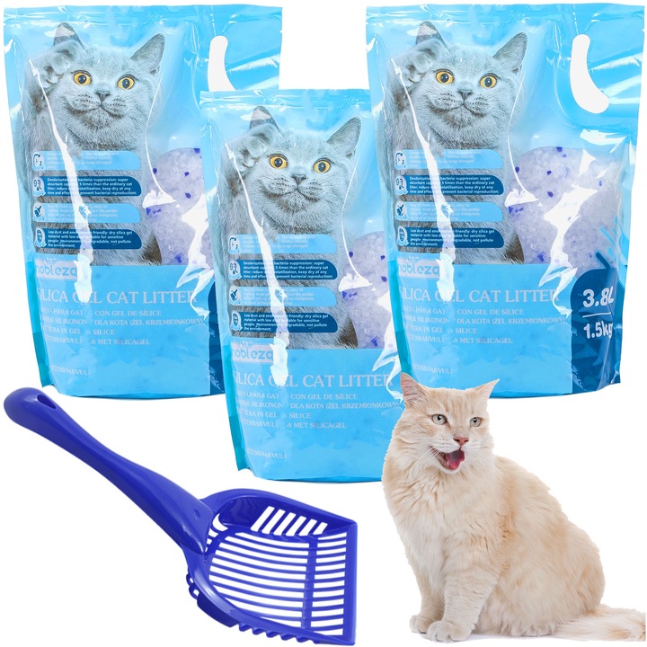 Set De 3 Piese Asternut Igienic Pentru Pisici Silicat, Nobleza, 3, 8 L, Lopatica Pentru Litiera