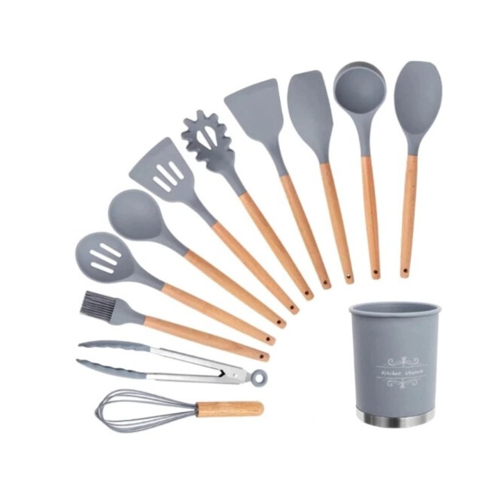 Set ustensile bucatarie 12 piese RoveRim, Lemn si Silicon alimentar Termorezistente Antiaderente Suport Blat, Gri