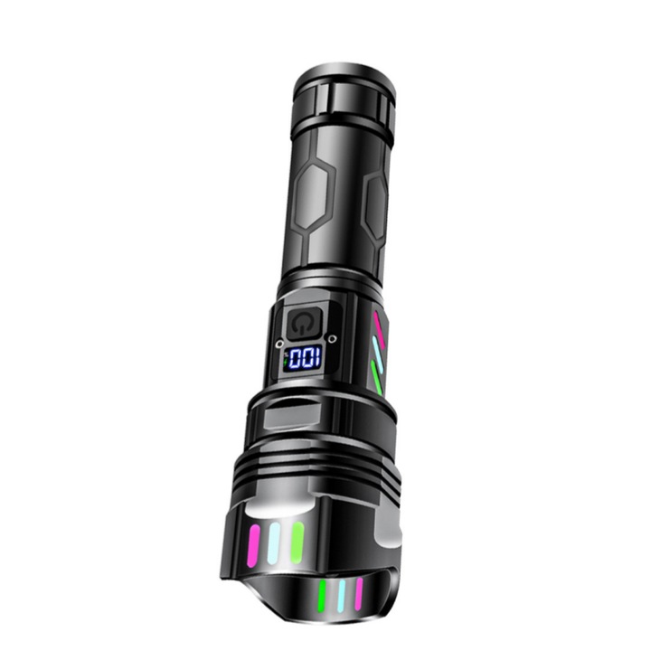 Фенерче, силна светлина, може да излъчва 500m, 5000mAh батерия, тип C зареждане, цифров дисплей на мощността, въртящо се увеличение, може да се използва като мобилен източник на енергия