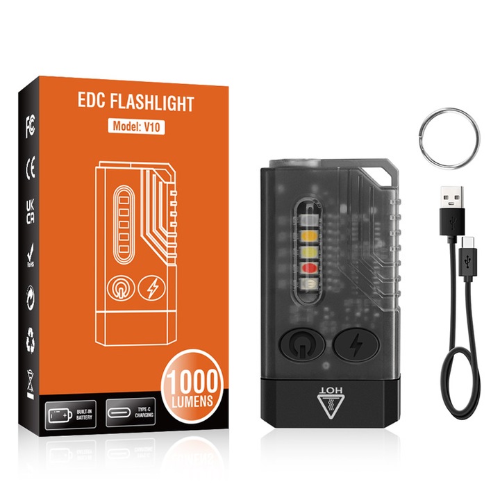 Ключодържател Фенерче, EDC V10L, 1000 лумена, 100m радиус IPX4 1000mAh, USB-C, лазер, UV, светкавица, звукова аларма, черен прозрачен
