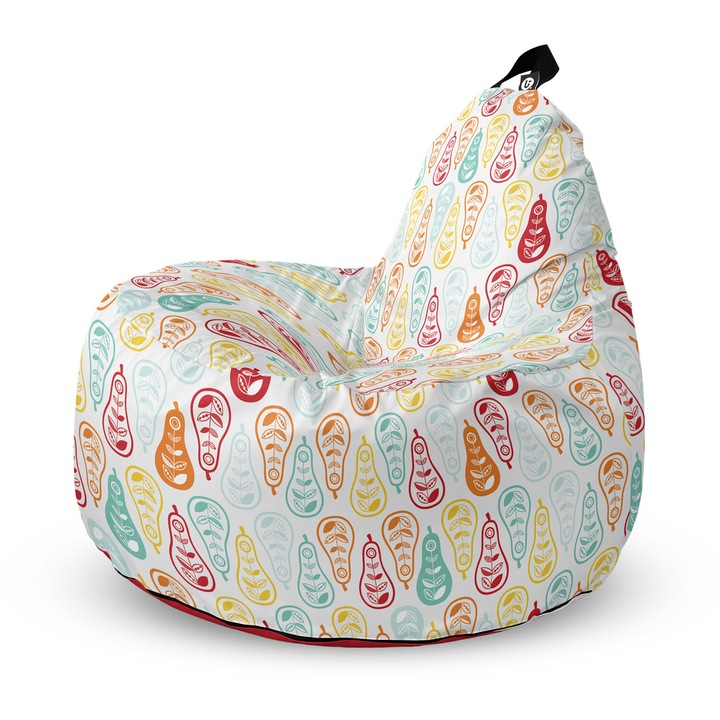 Fotoliu Updeco Puf Bean Bag tip Big Chill, impermeabil, indoor/outdoor, sac interior, cu maner, 67 x 90 x 87 cm, Alb Cu Pere Multicolore