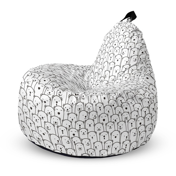 Fotoliu Updeco Puf Bean Bag tip Big Chill, impermeabil, indoor/outdoor, sac interior, cu maner, 67 x 90 x 87 cm, Alb Cu Ursi