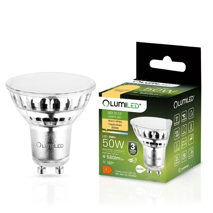 Lumiled LED izzó, 6W egyenértékű 50W, meleg fény, 3000K, 580lm, sugárzási szög 120°, üveg, 53x50mm