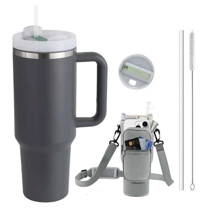 Termosz bögre fogantyúval Hideg és meleg italokhoz, kávéhoz, teához, vízhez, gyümölcslevekhez, űrtartalom 1,2 l, rozsdamentes acél, szívószál, tisztítókefe és szuper ellenálló védő- és szállítótáska/huzat, WALALLA, szürke