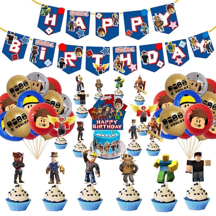Комплект балони за рожден ден Roblox, 32 части, банер Happy Birthday, покривка за тарталети, покривка за торта, многоцветен