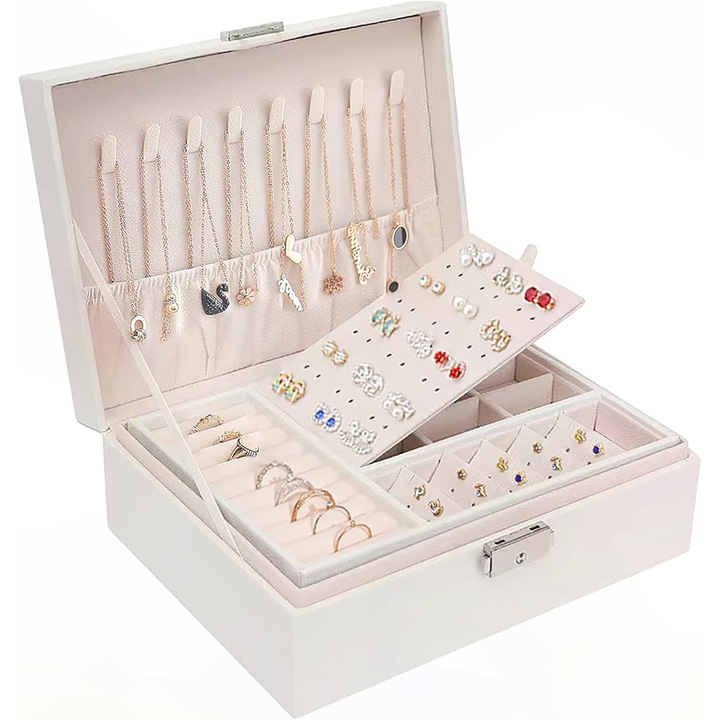 Cutie bijuterii pentru fete, Enforose, 2 straturi, organizator bratari ajustabil, piele impermeabila