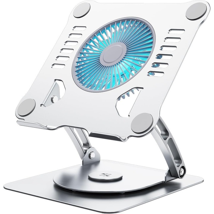 Ергономична стойка за лаптоп, с охлаждаща вентилационна система, 3 скорости, преносима, регулируема по височина стойка, за лаптоп и таблет, съвместима с всички лаптопи 10-15.6'', с въртяща се на 360° основа, универсална, изработена от алуминий, сребриста