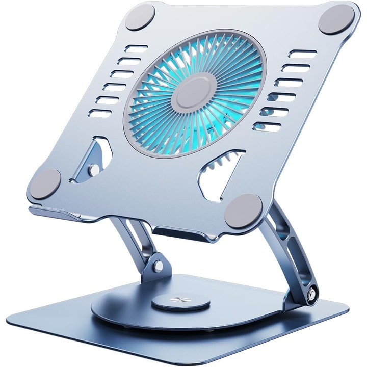 Ергономична стойка за лаптоп, с охлаждаща вентилационна система, 3 скорости, преносима, регулируема по височина стойка, за лаптоп и таблет, съвместима с всички лаптопи 10-15,6'', с въртяща се на 360° основа, универсална, изработена от алуминий, сива