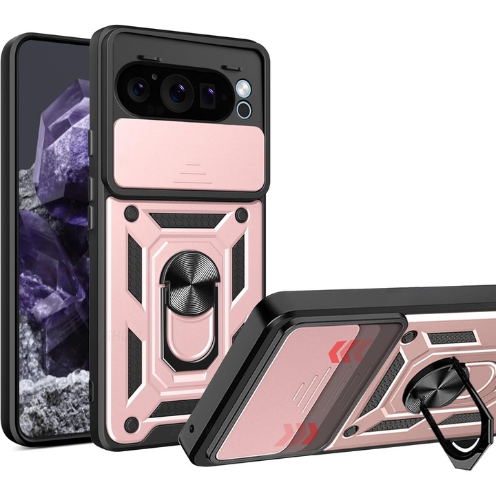 Husa pentru Google Pixel 9 / 9 Pro Ring Armor Kickstand Tough Rugged Cover cu protectie camera rose gold