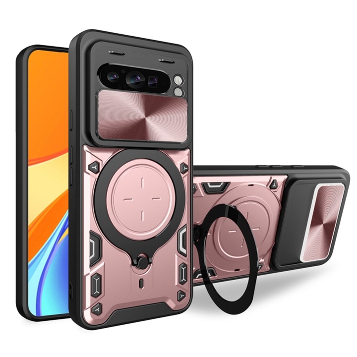 Кейс за Google Pixel 9 / 9 Pro със защита за камерата и вградена магнитна опора Ring Shockproof розово злато
