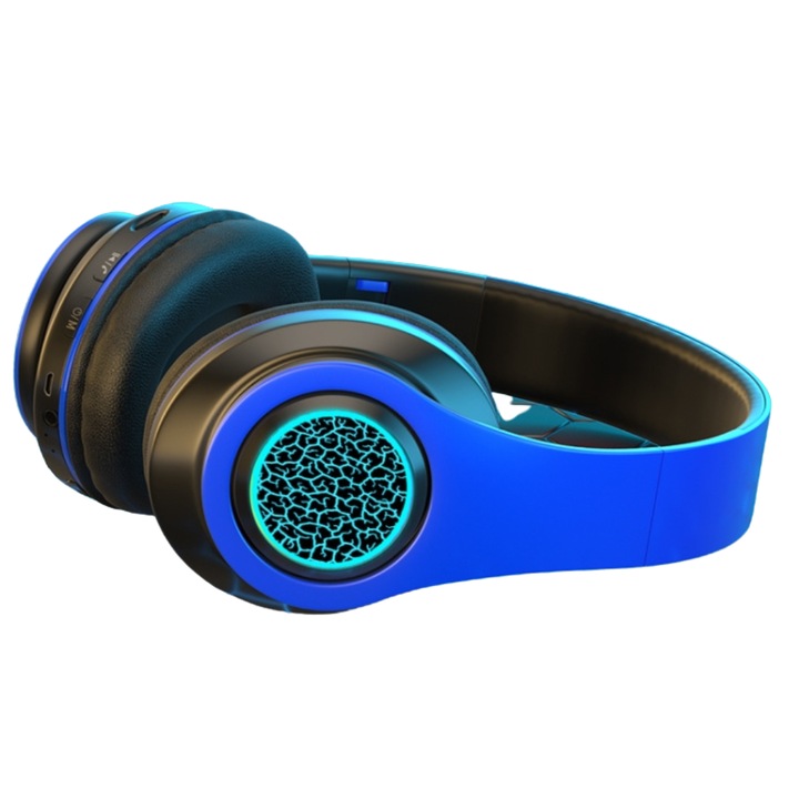 Casti wireless Over-Ear, Bluetooth, Subwoofer cu Bass Profund, Suport Card TF, Albastru-Negru