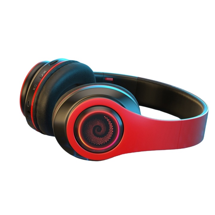 Casti wireless Over-Ear, Sunet cu subwoofer, Suport card TF, Rosu Negru