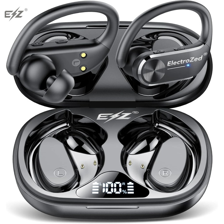 Безжични слушалки Buds Pro ElectroZed®️ с интелигентно шумопотискане • Подходящи за спорт & гейминг, Автономия 60Ч, Водоустойчиви IPX8, LED дисплей, ENC технология, стерео звук, Bluetooth 5.3, Дълбок бас, Гъвкави, Универсална съвместимост, черен