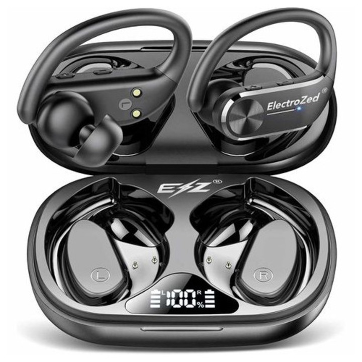 Sport vezeték ElectroZed®️ nélküli fülhallgató – ENC zajszűréssel, univerzális Buds Pro Sport & Gaming, 60 órás üzemidő, vízálló IPX8, LED kijelző, háttérzajcsökkentés, sztereó hangzás, Bluetooth 5.3, mély basszus, univerzális kompatibilitás, fekete