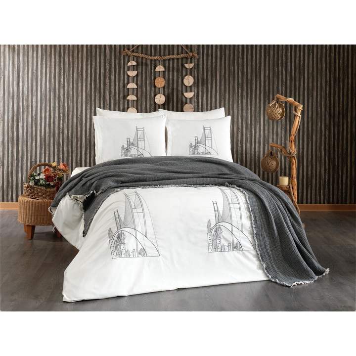 Set de cuvertura de pat dublu din muselina, bumbac 100%, Valentini Bianco, dimensiune 240x250cm, cu 2 fete de perna de 60x80cm, Muslin Antrasit