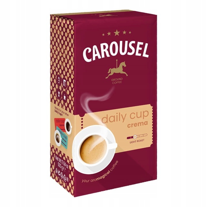 Őrölt kávé Daily Cup Crema, Carousel, Arabica és Robusta, 500g, gabona és dió jegyekkel