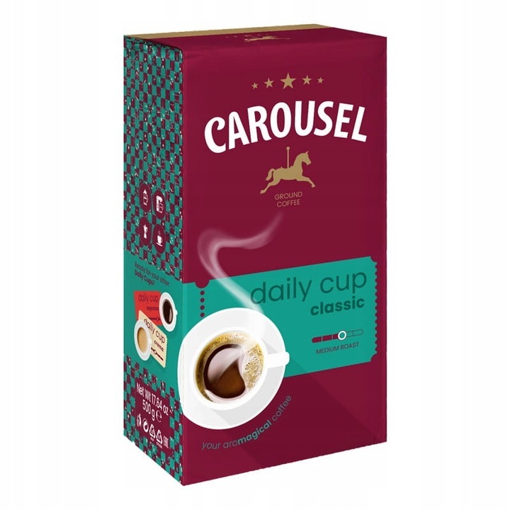 Őrölt kávé Carousel Daily Cup Classic, Arabica és Robusta, fahéj és szegfűszeg jegyekkel, 500g