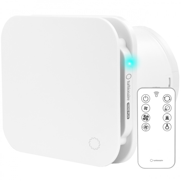 Мултифункционален вентилатор за баня Turbionaire Trend Plus 150 WM, Дистанционно управление, Макс. 6,5 W, 7 скорости + Boost, DC безчетков мотор, Възвратен клапан, Регулируем таймер, Въздушен поток 230 m/h, Безшумен, Диаметър 150 mm