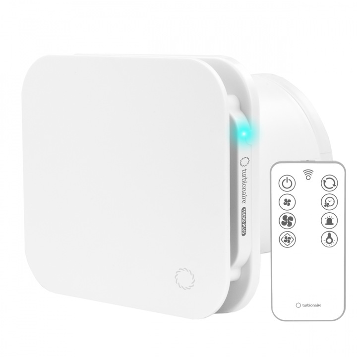 Мултифункционален вентилатор за баня Turbionaire Trend Plus 120 WM, Дистанционно управление, Макс. 5,5 W, 7 скорости + Boost, DC безчетков мотор, Възвратен клапан, Регулируем таймер, Въздушен поток 150 m/h, Безшумен, Диаметър 120 mm