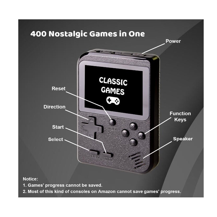 Consola Game Box, RETRO-GAME, 400 jocuri, rotita volum, ecran LCD, cablu AV pentru conectare televizor, incarcare Micro-USB, 2 jucatori, portabil, negru, HAPPY JOKER®
