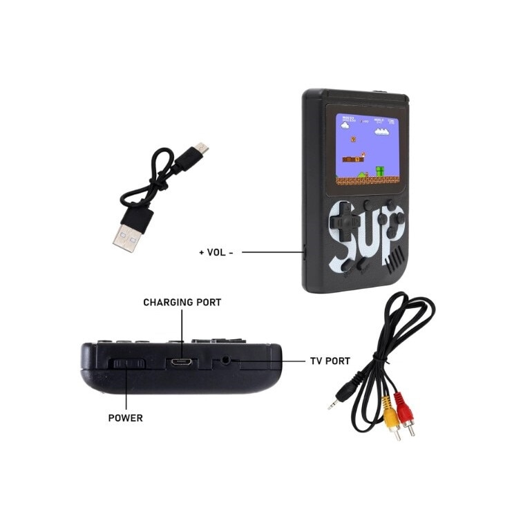 Consola Game Box, RETRO-GAME, 400 jocuri, rotita volum, ecran LCD, cablu AV pentru conectare televizor, incarcare Micro-USB, 2 jucatori, portabil, negru, HAPPY JOKER®