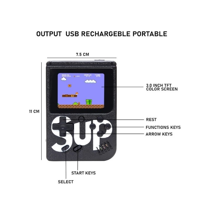 Consola Game Box, RETRO-GAME, 400 jocuri, rotita volum, ecran LCD, cablu AV pentru conectare televizor, incarcare Micro-USB, 2 jucatori, portabil, negru, HAPPY JOKER®