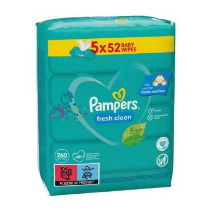 Бебешки кърпички, Pampers Fresh Clean, комплект от 5 опаковки, 0% алкохол
